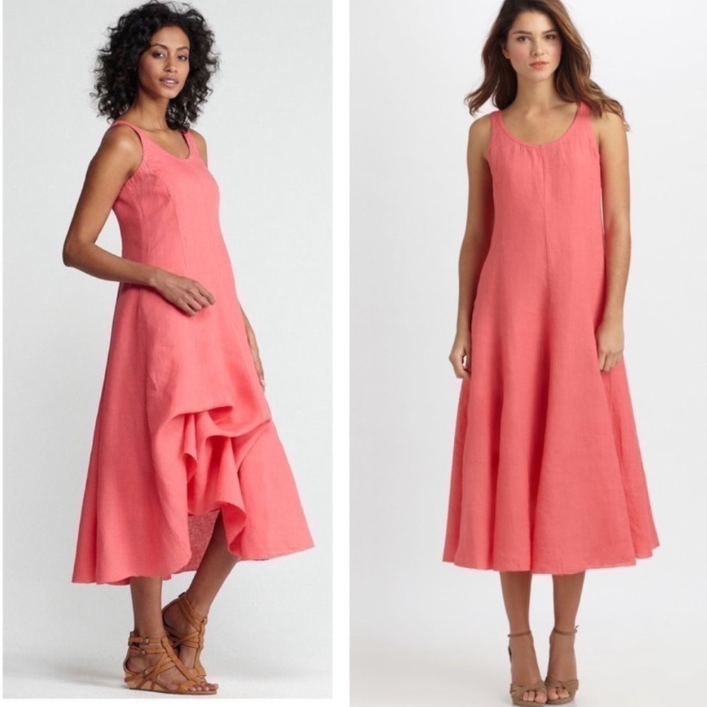 Eileen Fisher Handkerchief Cinch Bustle Hem Linen Dress Sleeveless Coral Pink S